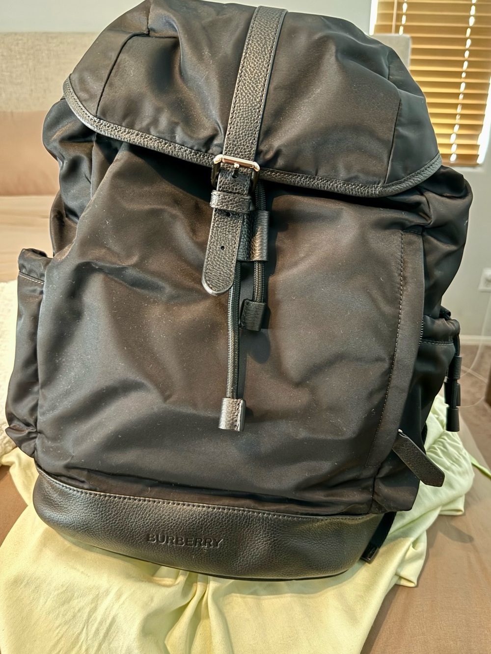 AUTHENTIC Burberry Diaper Bag Backpack. With Black nylon and leather trim.